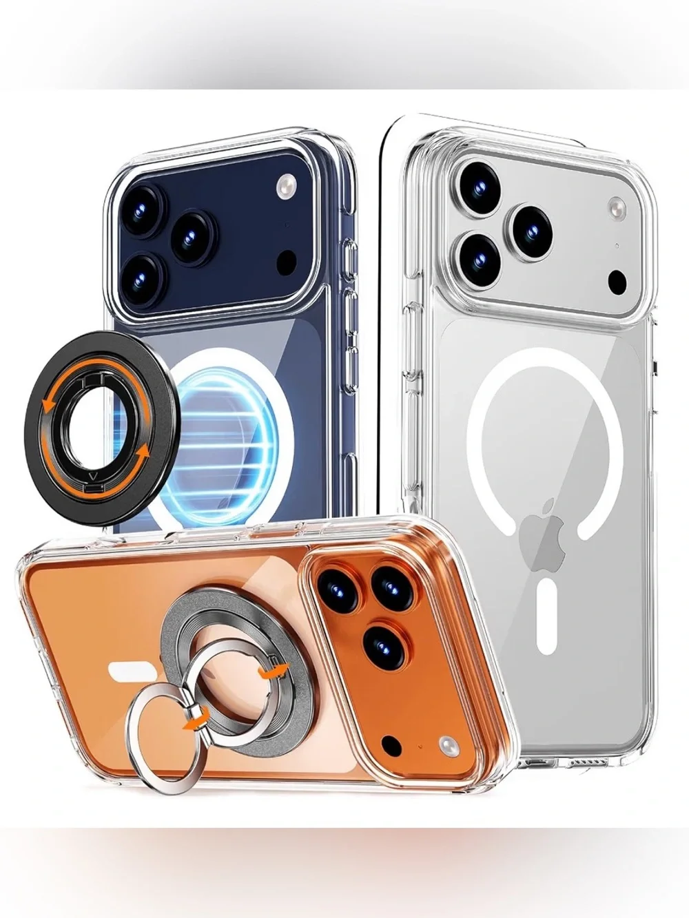 for iPhone 18/17 Pro Case Clear with 360 Spin Magnetic Black Stand